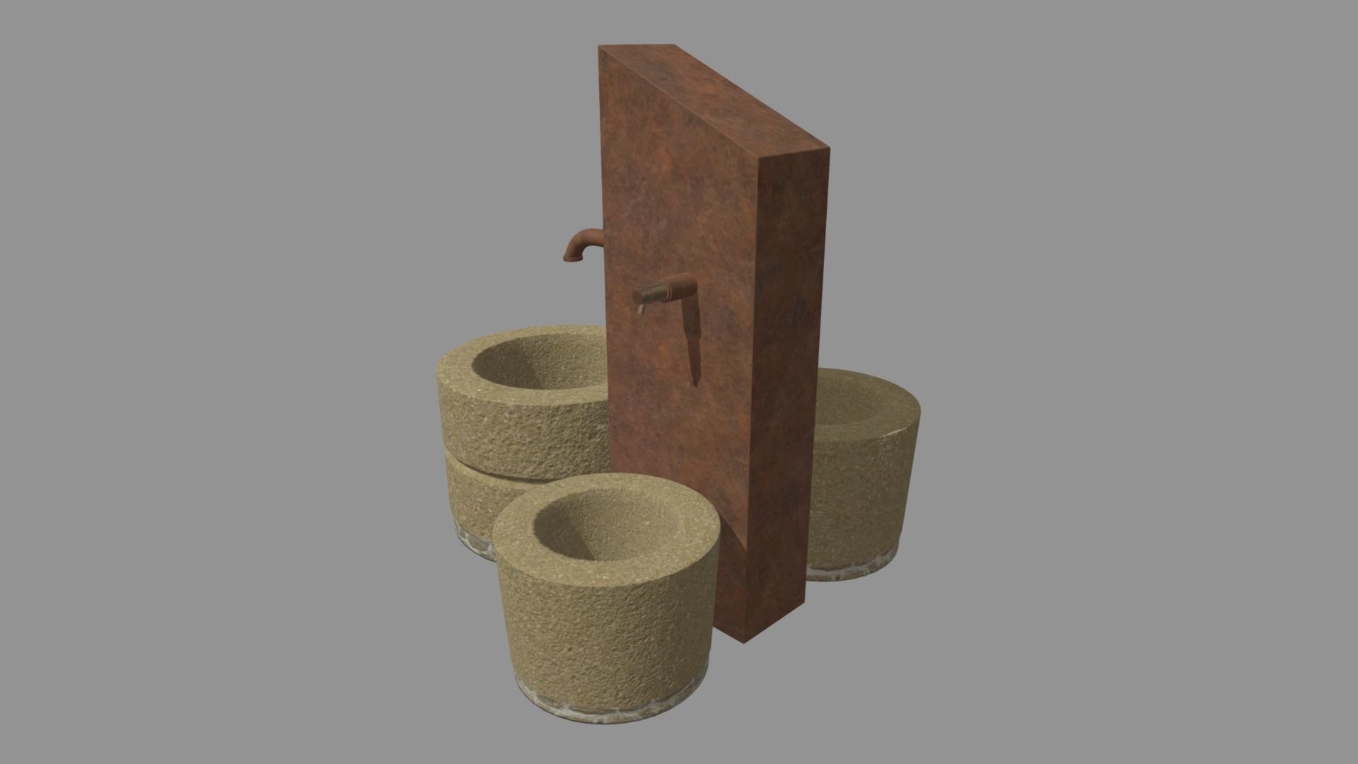 Low Poly Fountain set of wooden buckets Low-poly 3D model_1