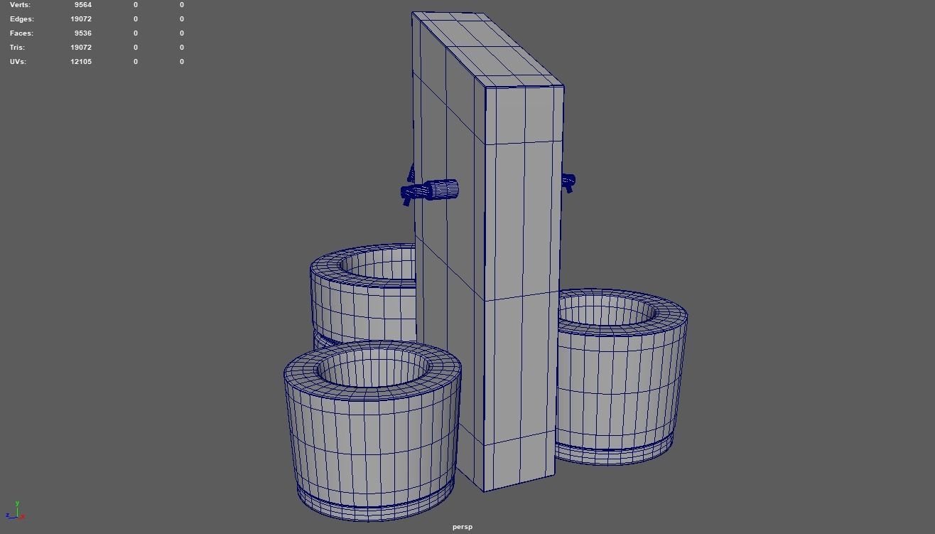 Low Poly Fountain set of wooden buckets Low-poly 3D model_9