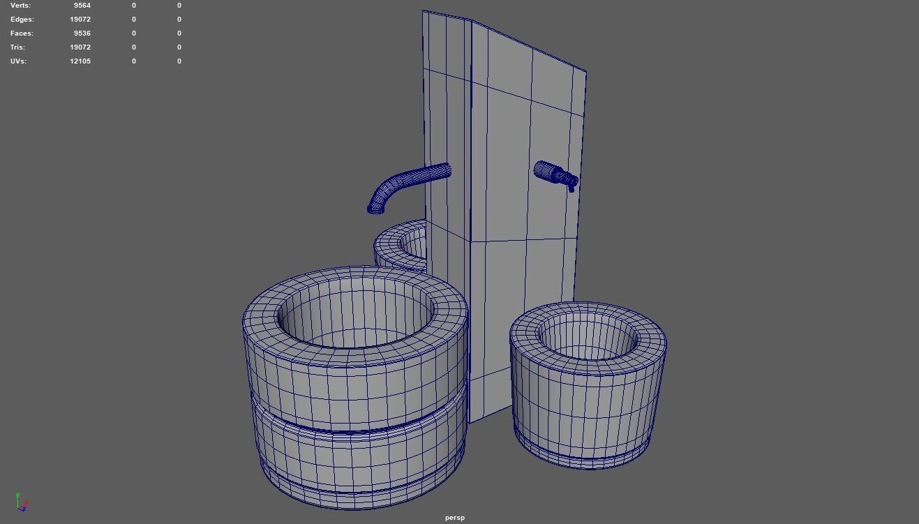 Low Poly Fountain set of wooden buckets Low-poly 3D model_8