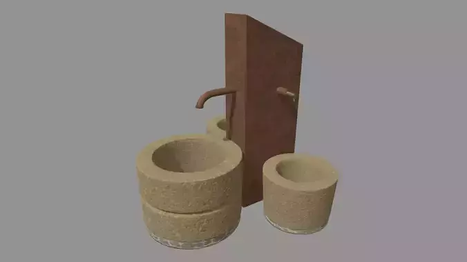 Low Poly Fountain set of wooden buckets