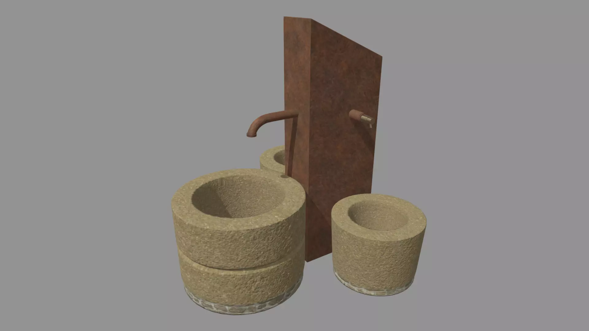 Low Poly Fountain set of wooden buckets Low-poly 3D model_0