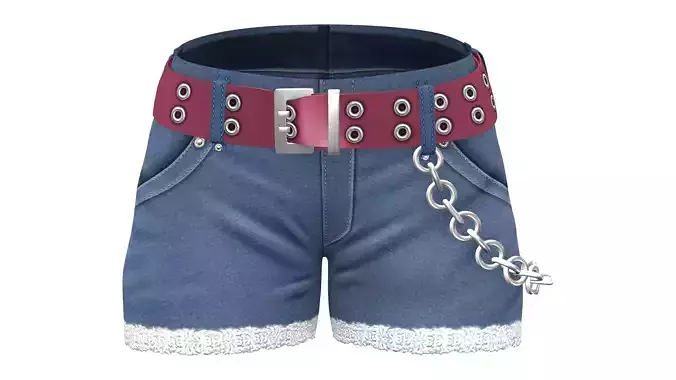 Chains Decorated Torn Bottom Blue Denim Shorts With Belt