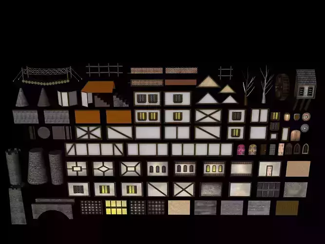 Low Poly Medieval Building and Material Elements