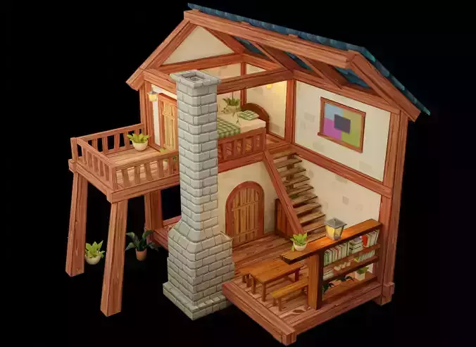 Low poly House with Interior 