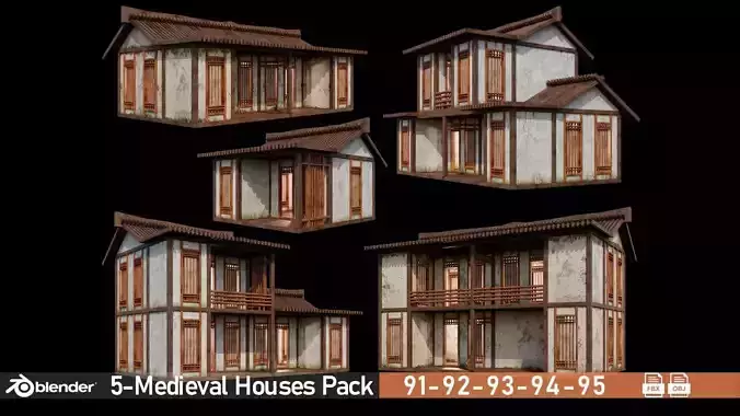Medieval Houses Pack 91-92-93-94-95 - 4K Textures Game Ready Low-poly 3D model