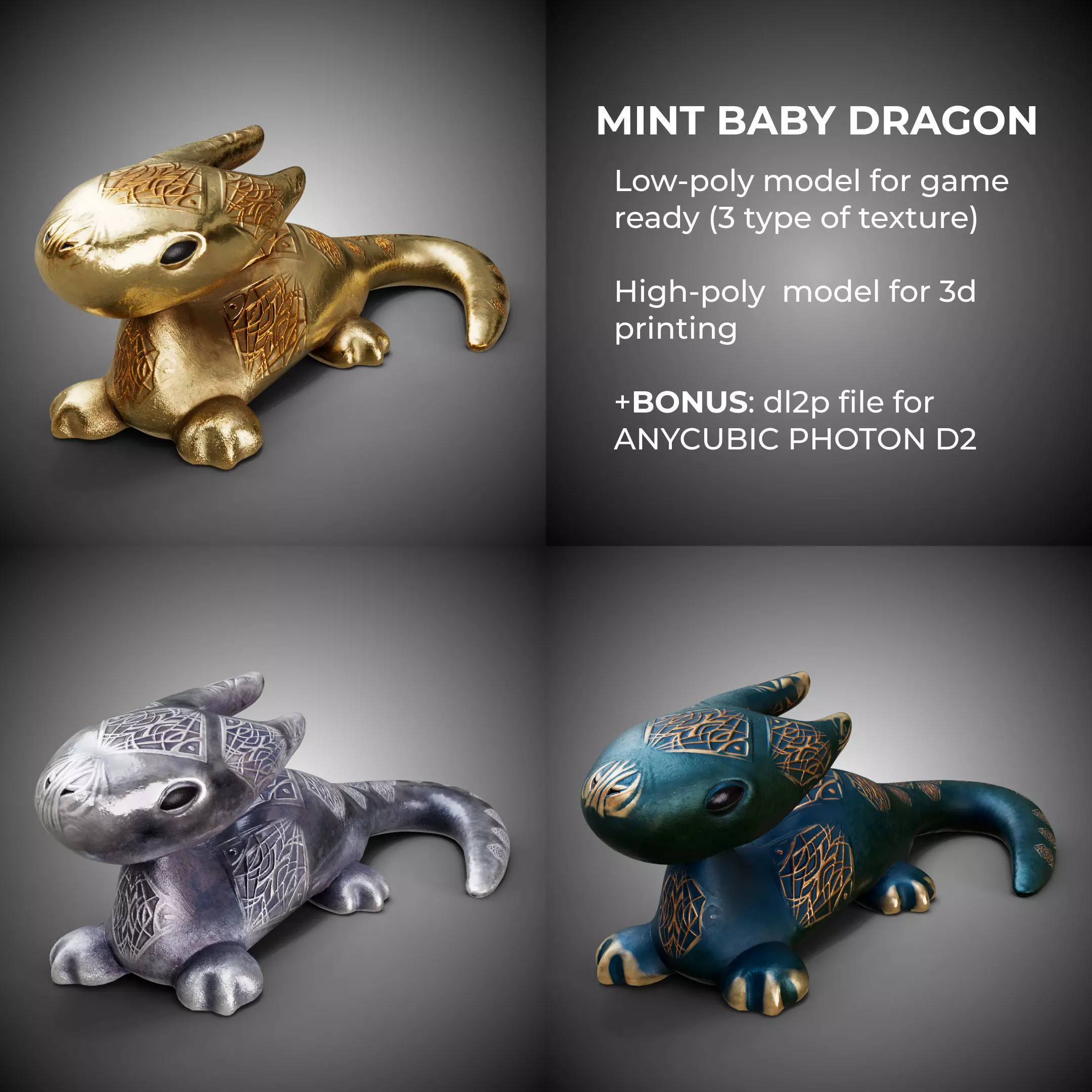 High-poly and low-poly statue of mint baby dragon 3D print model_0