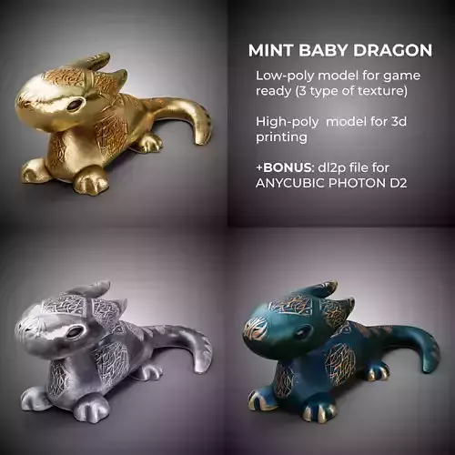 High-poly and low-poly statue of mint baby dragon
