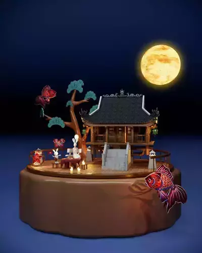 Mid-Autumn chinese house with fish in moonlight