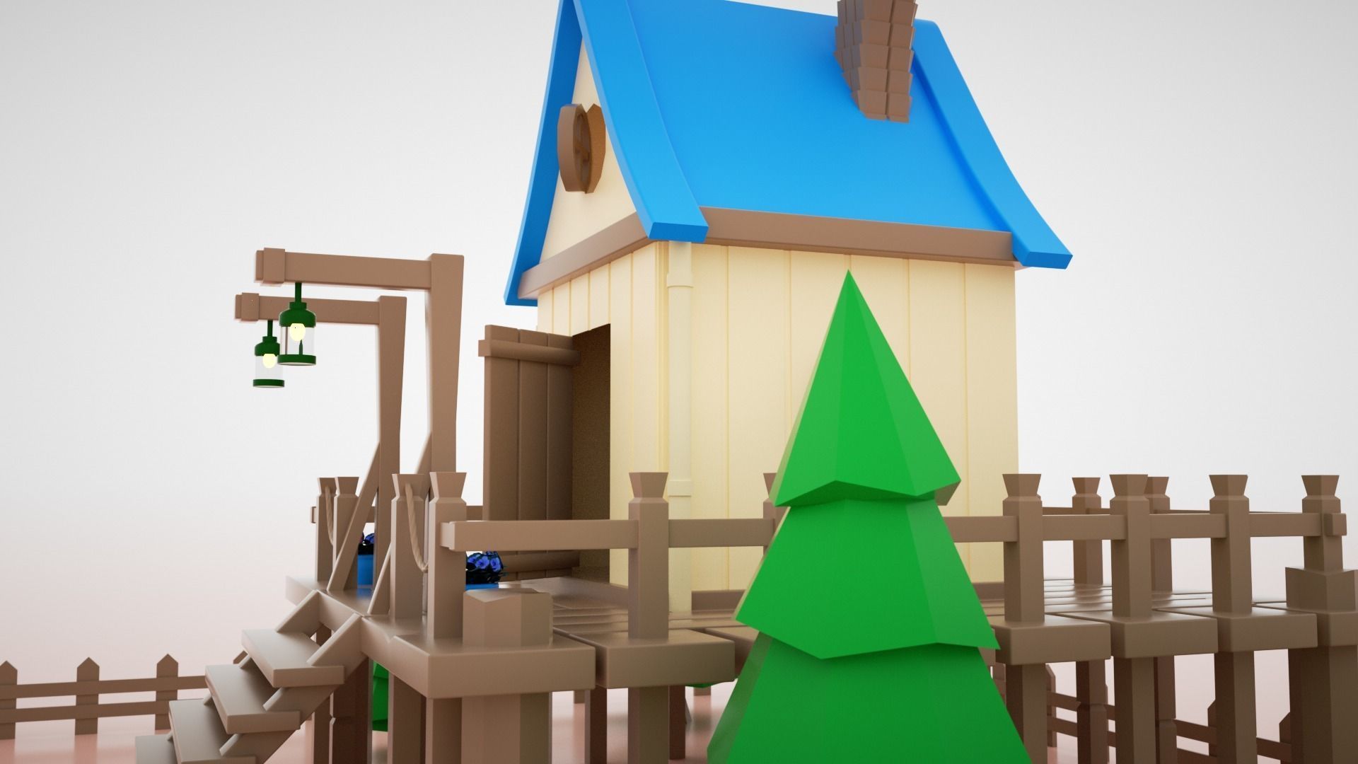 low-poly 3D model wooden house on fence Low-poly 3D model_9