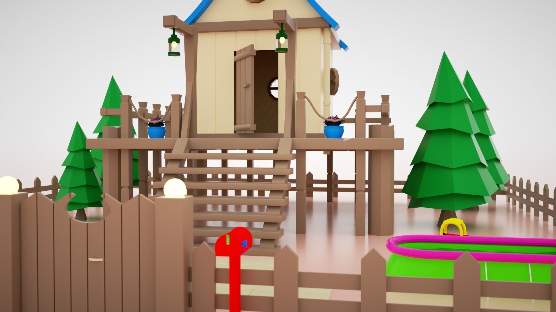 low-poly 3D model wooden house on fence Low-poly 3D model_2