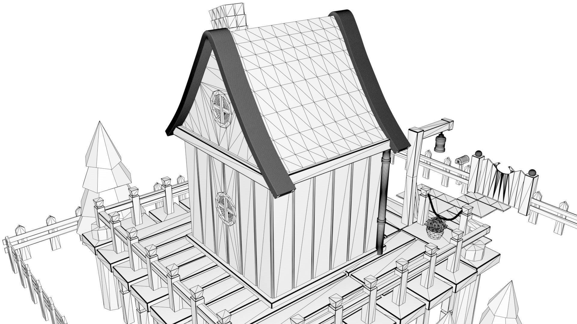 low-poly 3D model wooden house on fence Low-poly 3D model_15