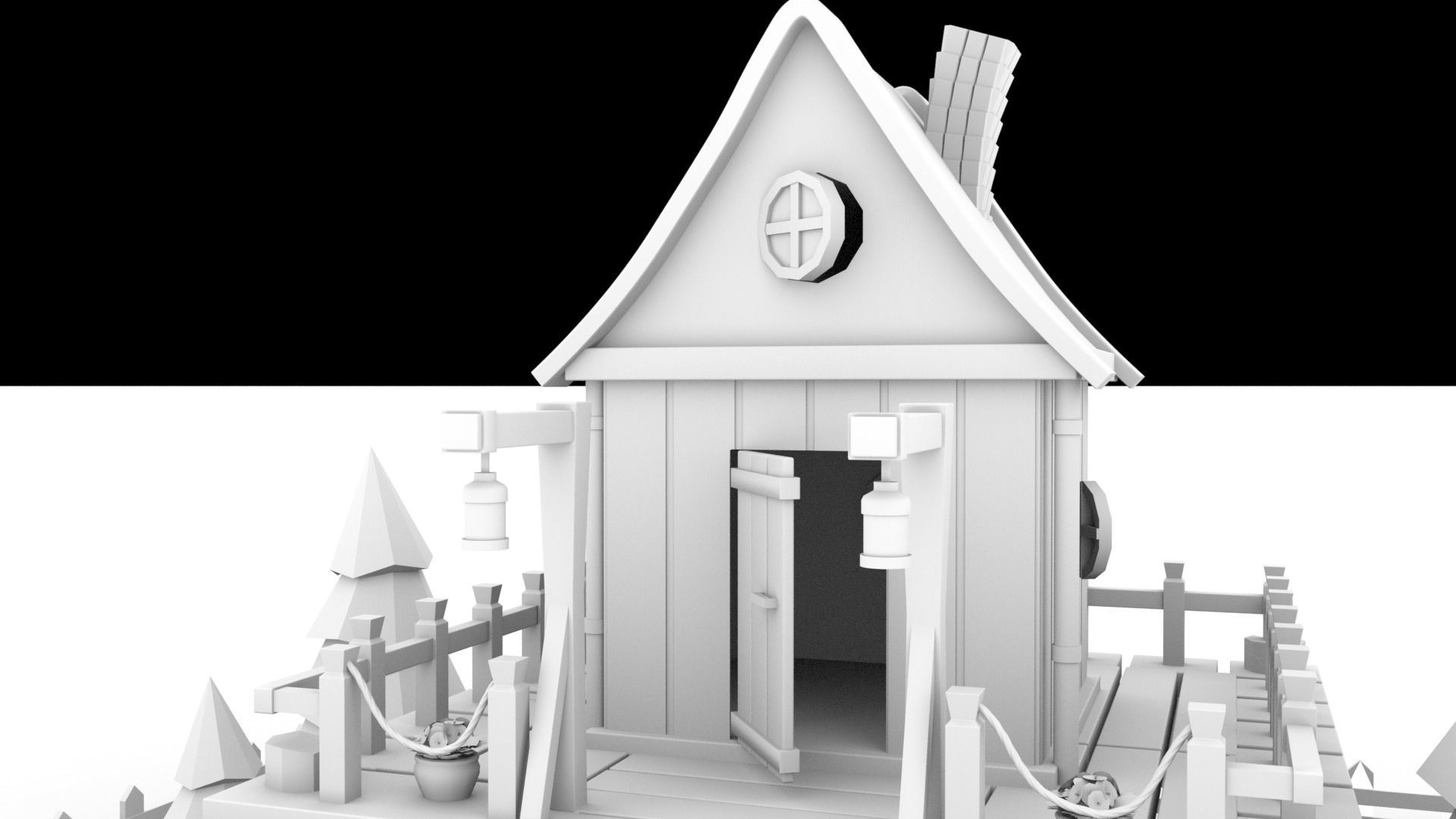 low-poly 3D model wooden house on fence Low-poly 3D model_10