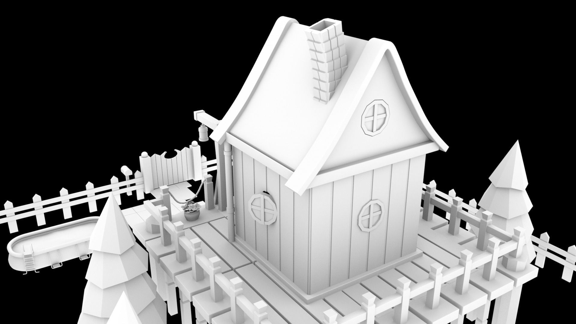 low-poly 3D model wooden house on fence Low-poly 3D model_12
