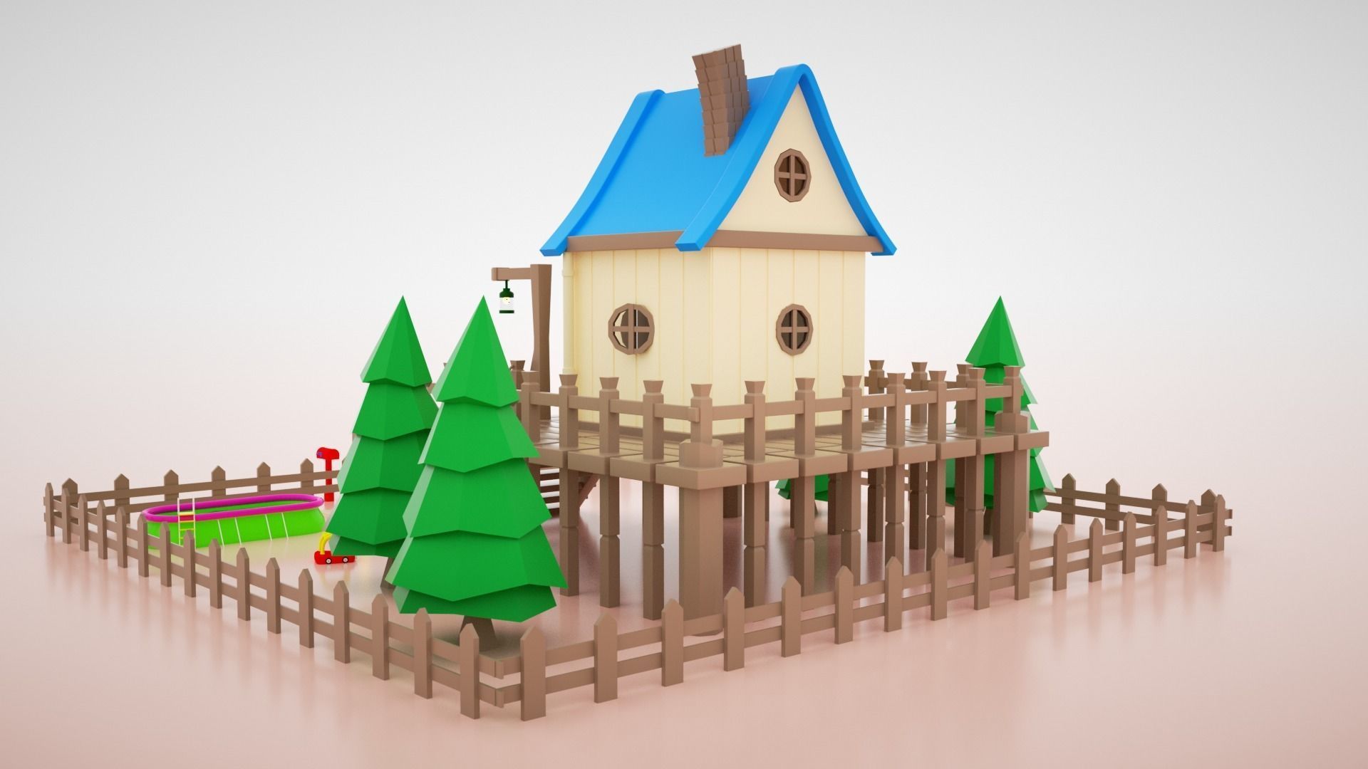 low-poly 3D model wooden house on fence Low-poly 3D model_7