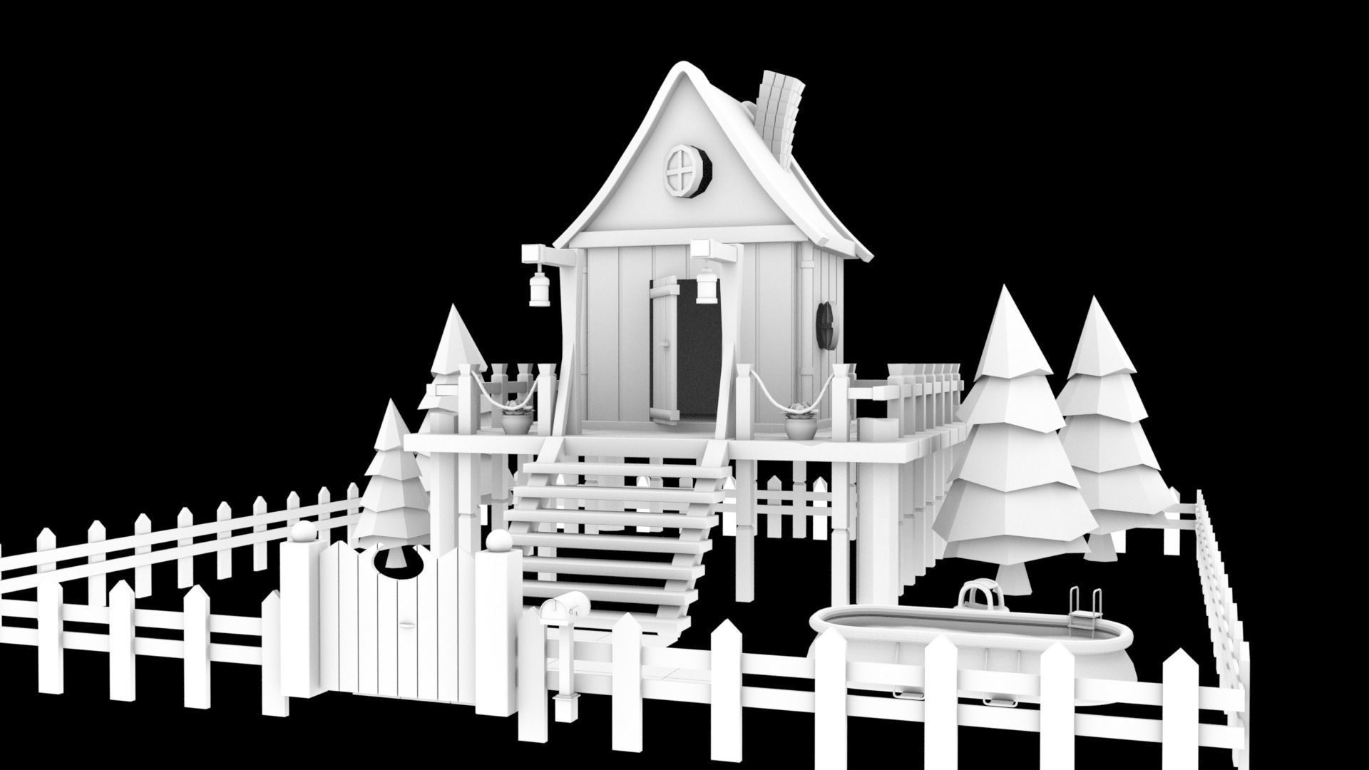 low-poly 3D model wooden house on fence Low-poly 3D model_11