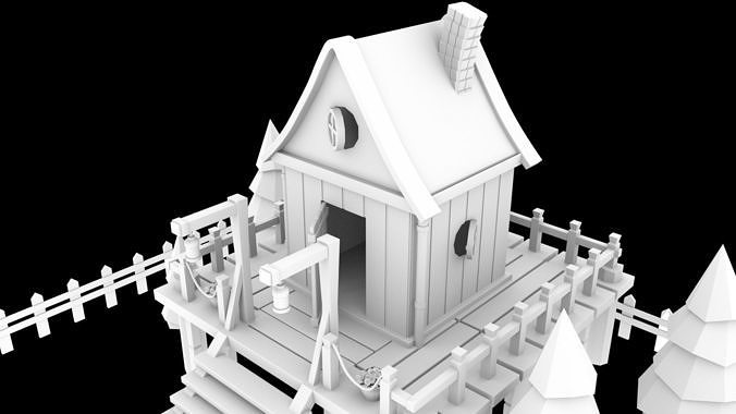 low-poly 3D model wooden house on fence Low-poly 3D model