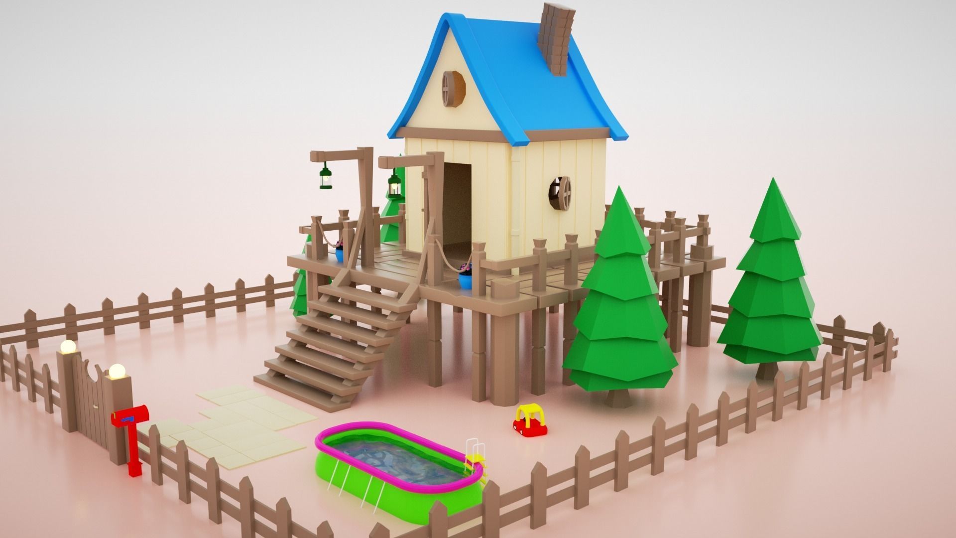 low-poly 3D model wooden house on fence Low-poly 3D model_5