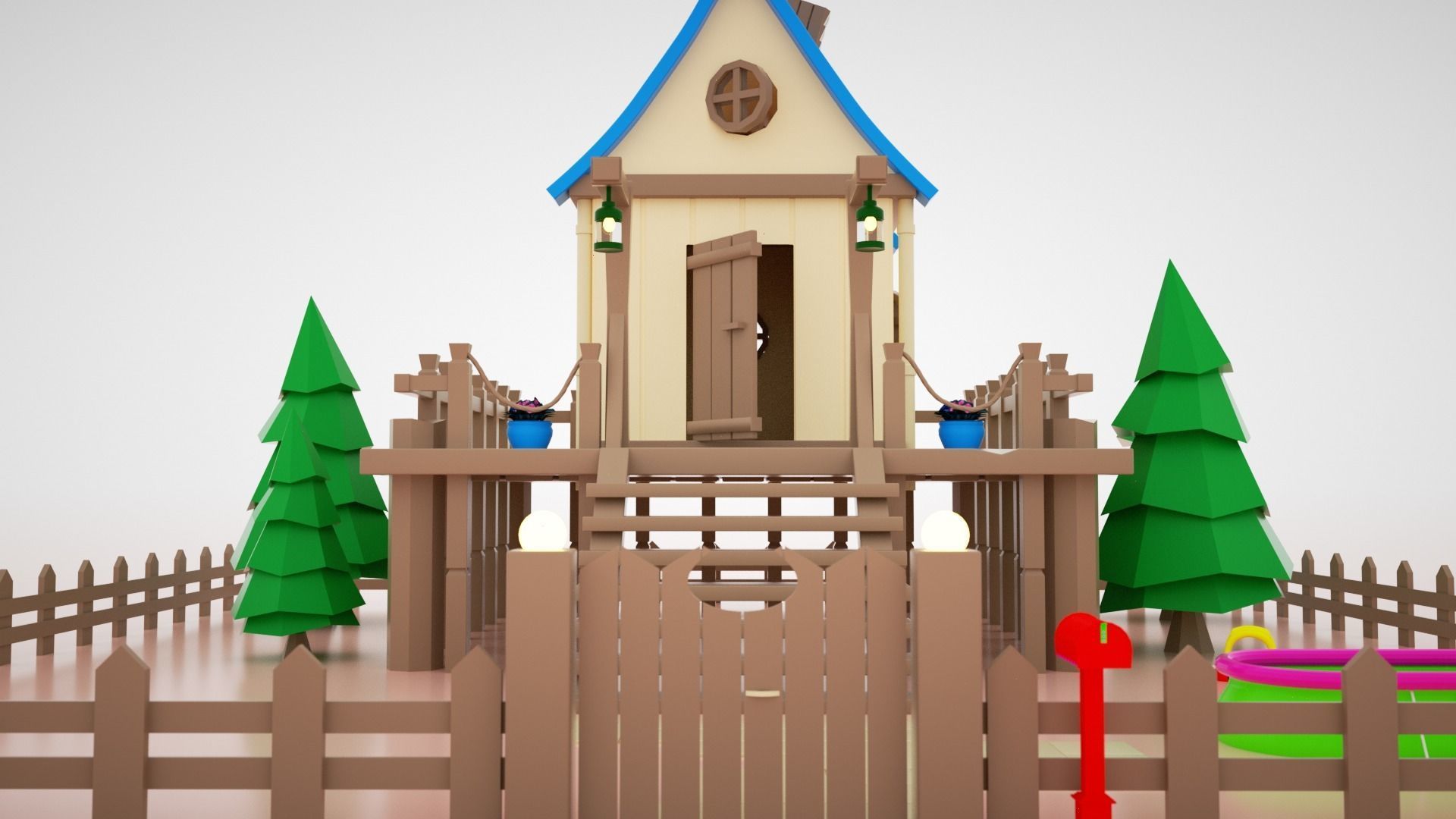 low-poly 3D model wooden house on fence Low-poly 3D model_4
