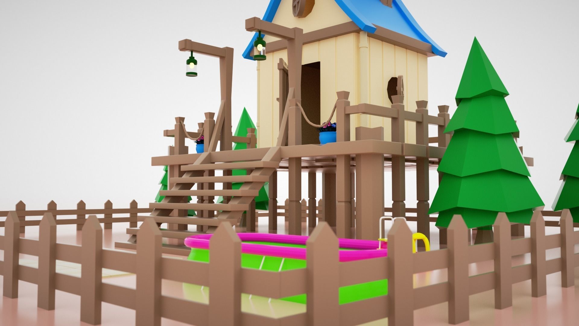 low-poly 3D model wooden house on fence Low-poly 3D model_1