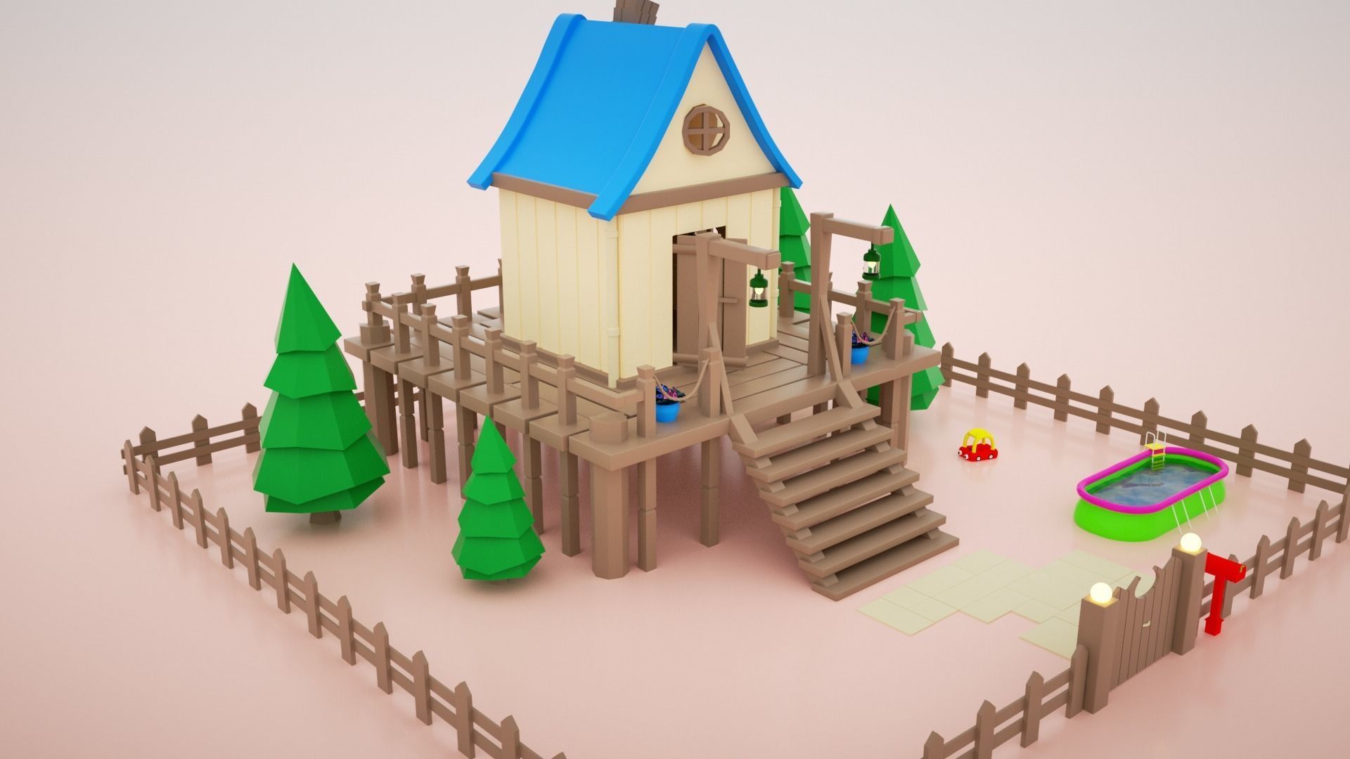 low-poly 3D model wooden house on fence Low-poly 3D model_6