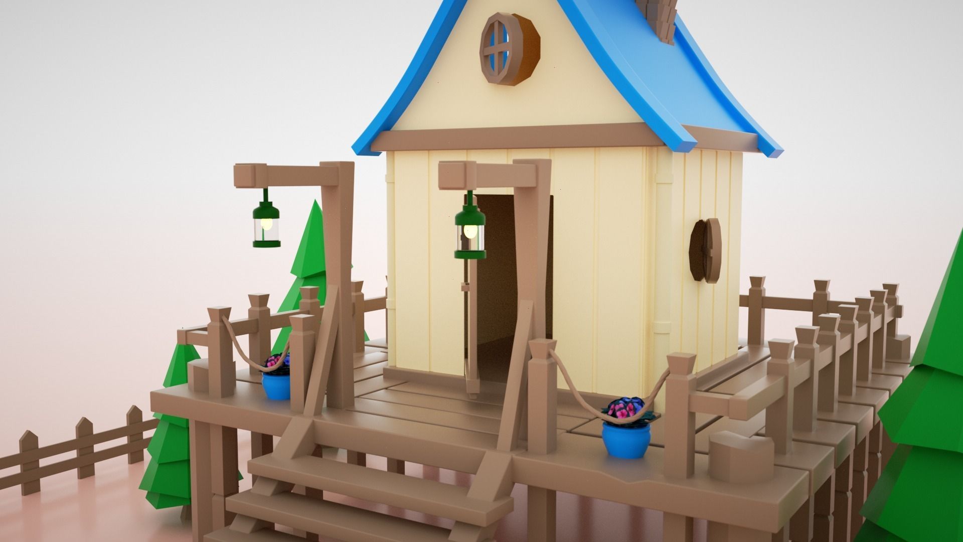 low-poly 3D model wooden house on fence Low-poly 3D model_8