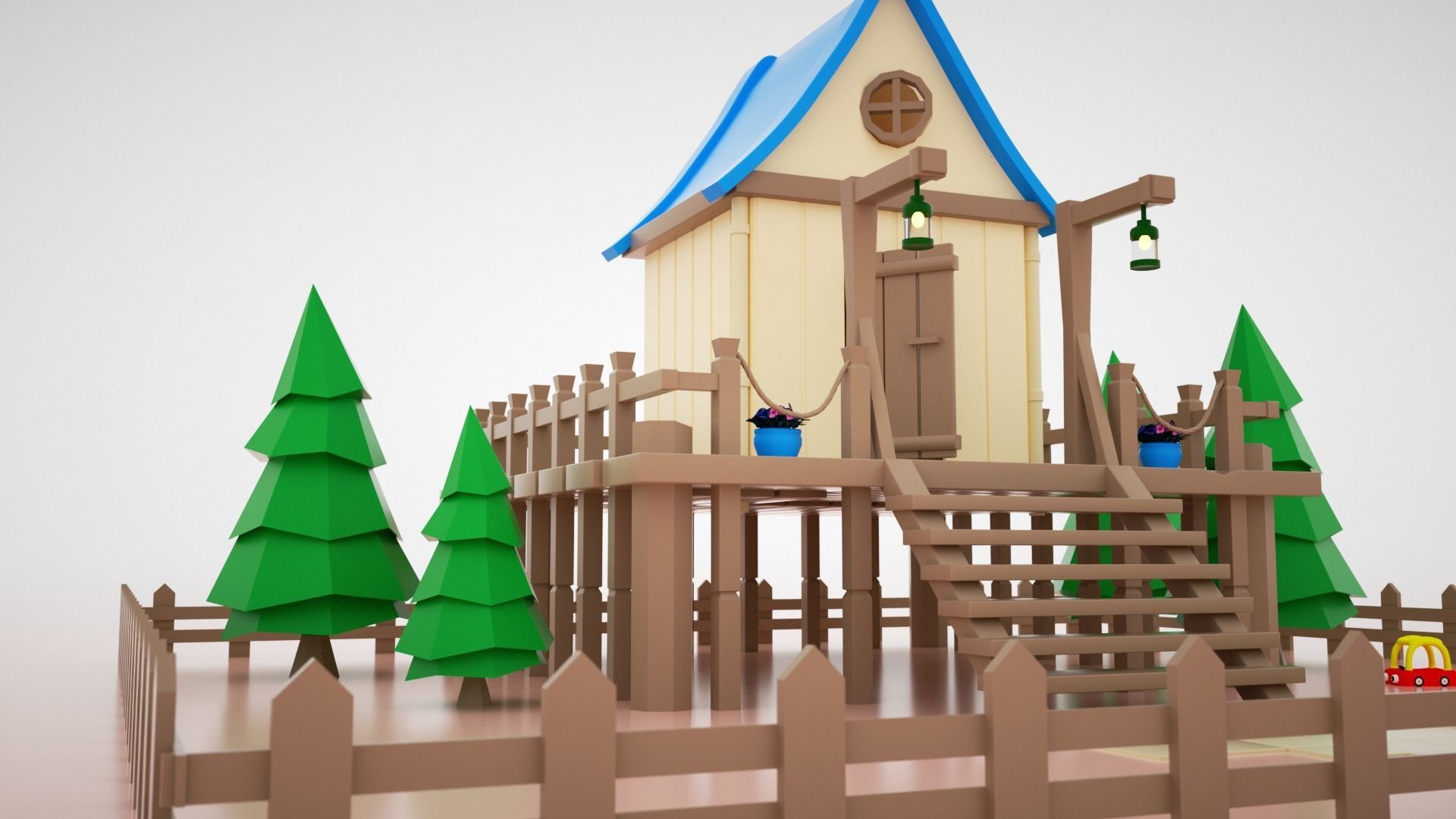 low-poly 3D model wooden house on fence Low-poly 3D model_3