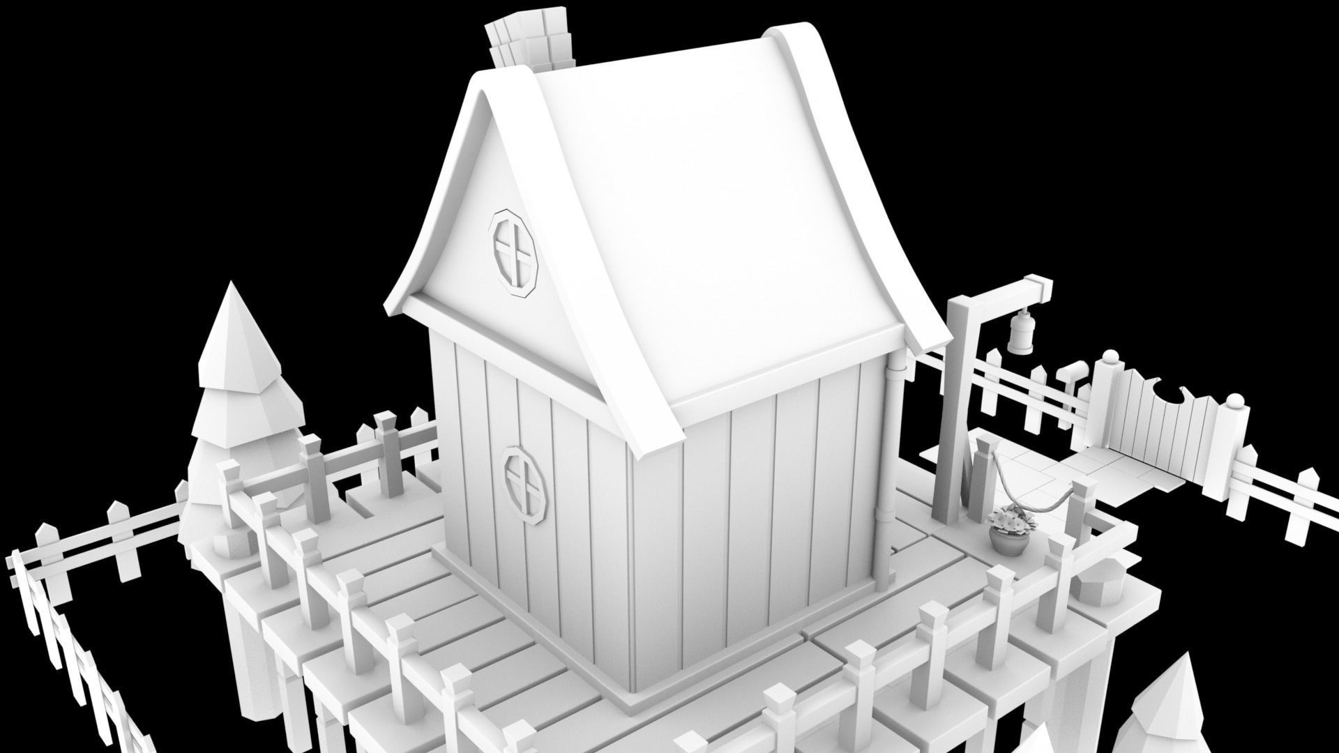 low-poly 3D model wooden house on fence Low-poly 3D model_13