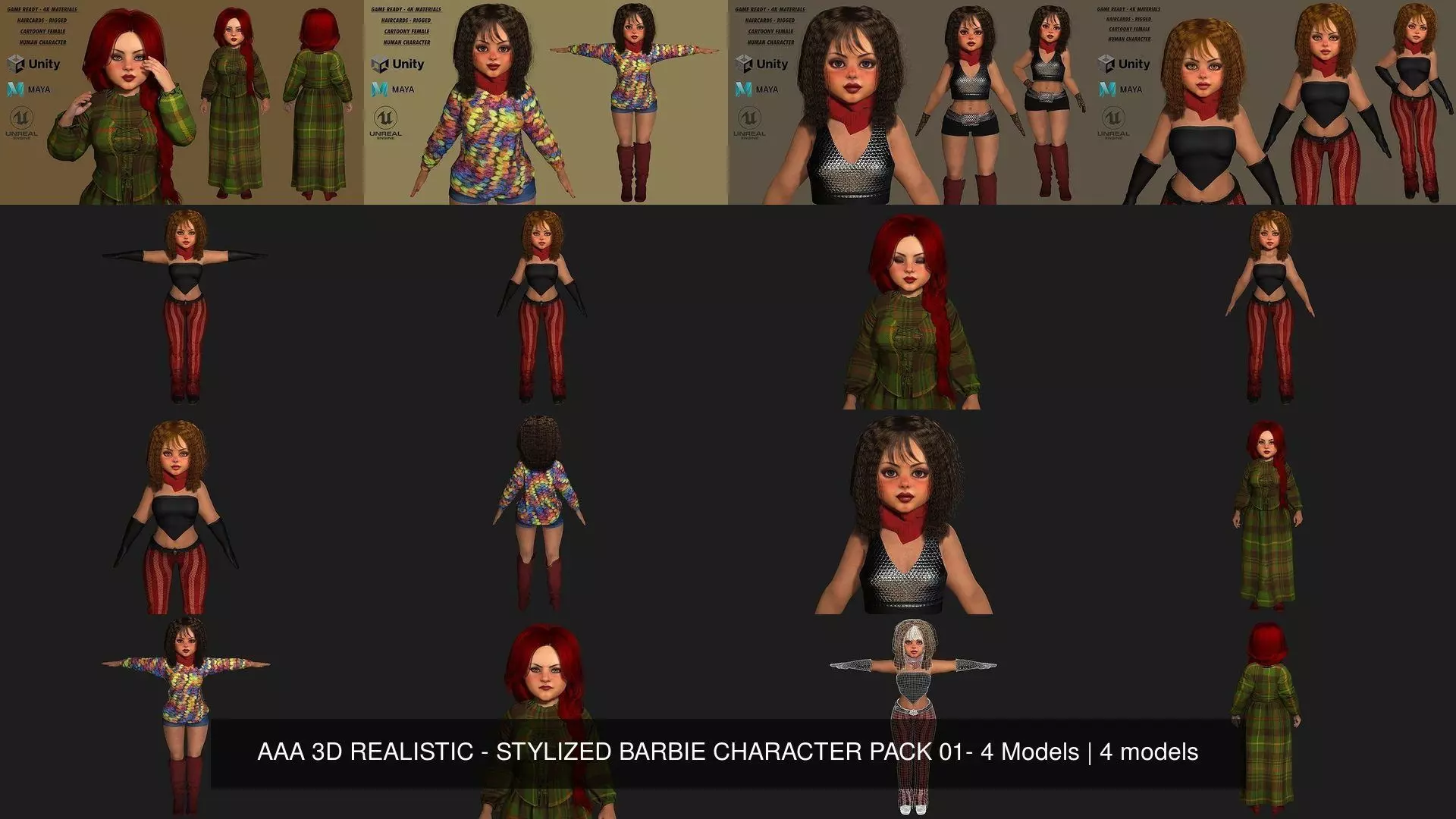 AAA 3D REALISTIC - STYLIZED BARBIE CHARACTER PACK 01- 4 Models 3D Model Collection_1