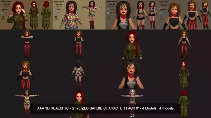 AAA 3D REALISTIC - STYLIZED BARBIE CHARACTER PACK 01- 4 Models
