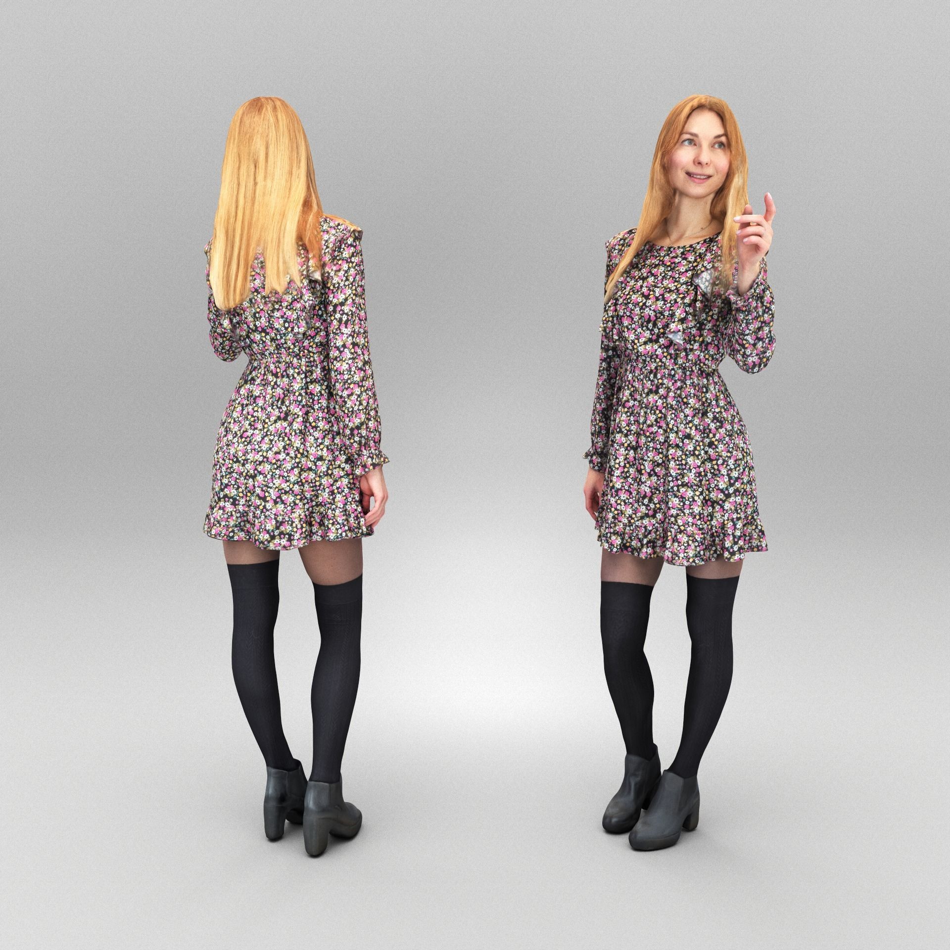 Beautiful woman in floral dress 390 Low-poly 3D model_2