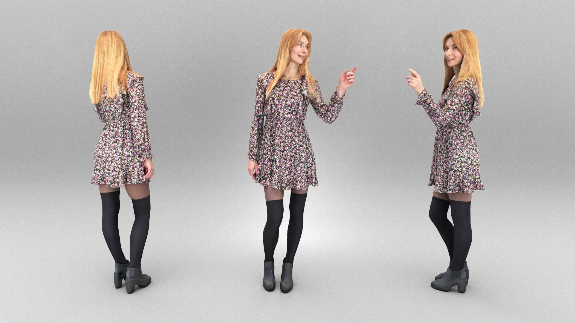 Beautiful woman in floral dress 390 Low-poly 3D model_3