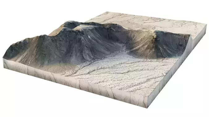 mountains are surrounded by a barren sandy desert terrain