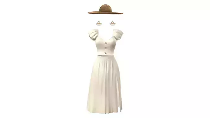 Crop Cap Shoulders Top Thigh Split Skirt Beige Summer Outfit