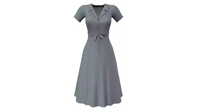 Front Button Up Belted Midi Swing Dress