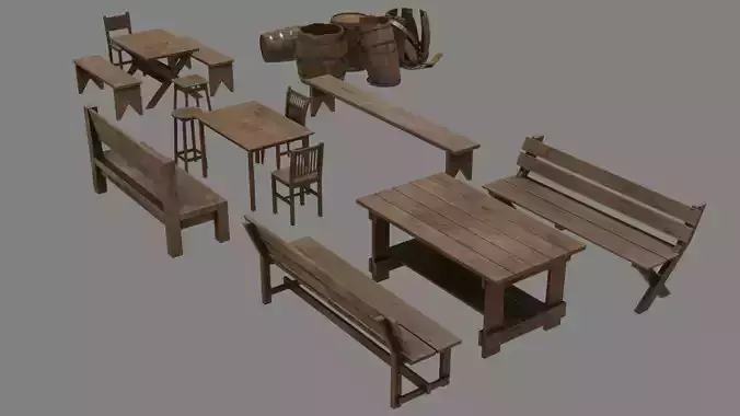 Free set of 18 wooden objects Low-poly 3D model