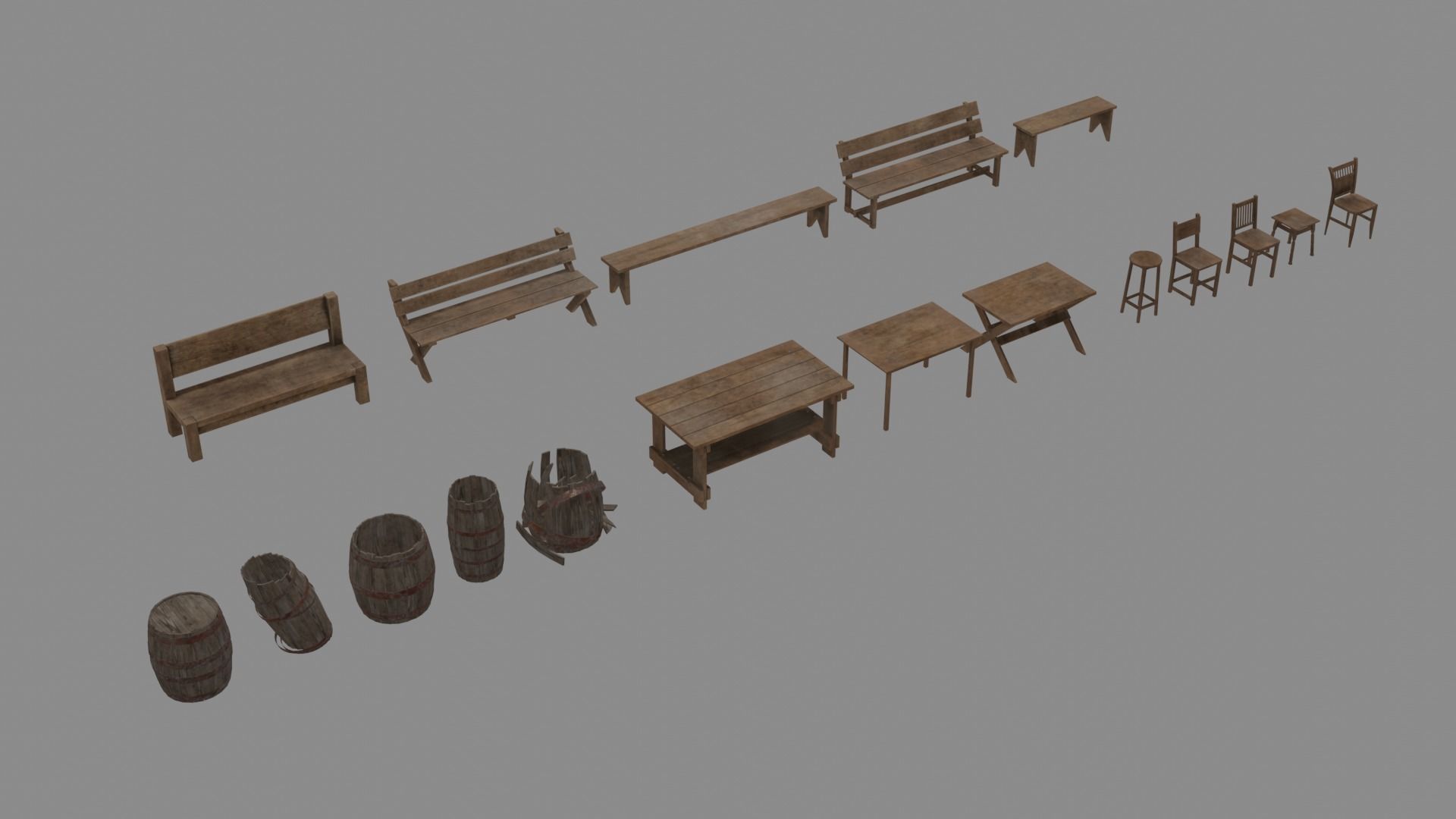 Free set of 18 wooden objects Low-poly 3D model free VR / AR / low-poly ...