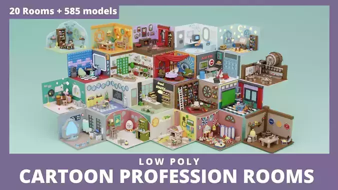 Low Poly Cartoon Profession Rooms Low-poly 3D model