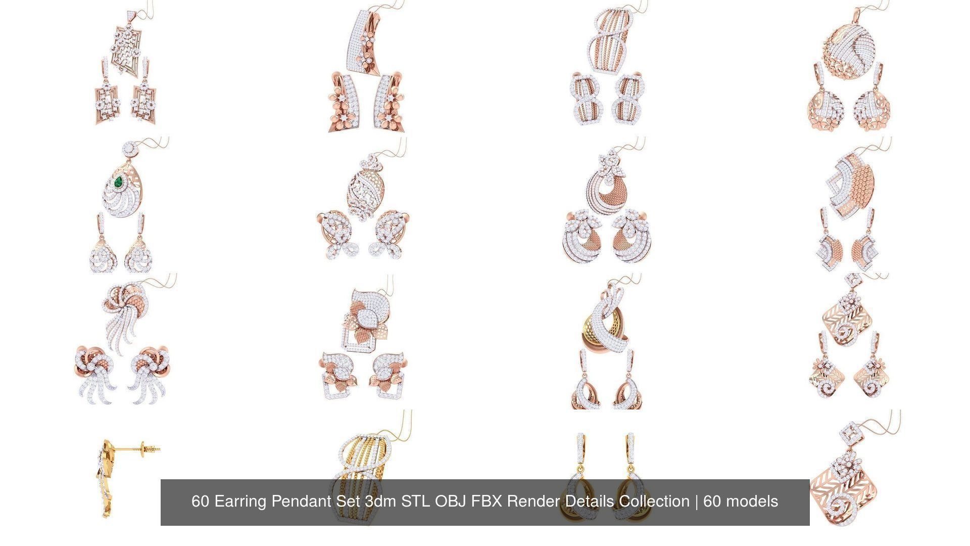 60 Earring Pendant Set 3dm STL OBJ FBX Render Details Collection _6