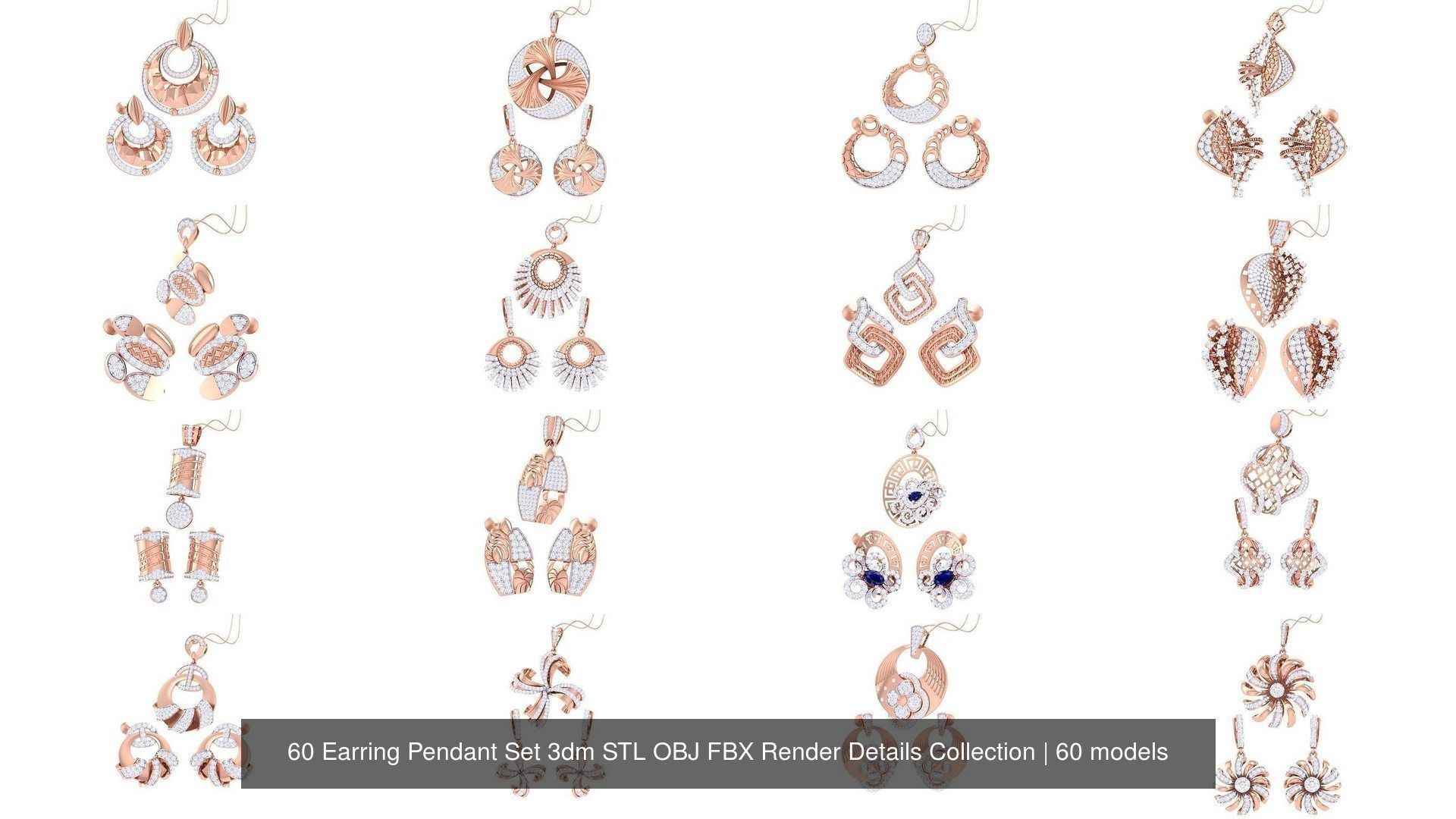 60 Earring Pendant Set 3dm STL OBJ FBX Render Details Collection _2