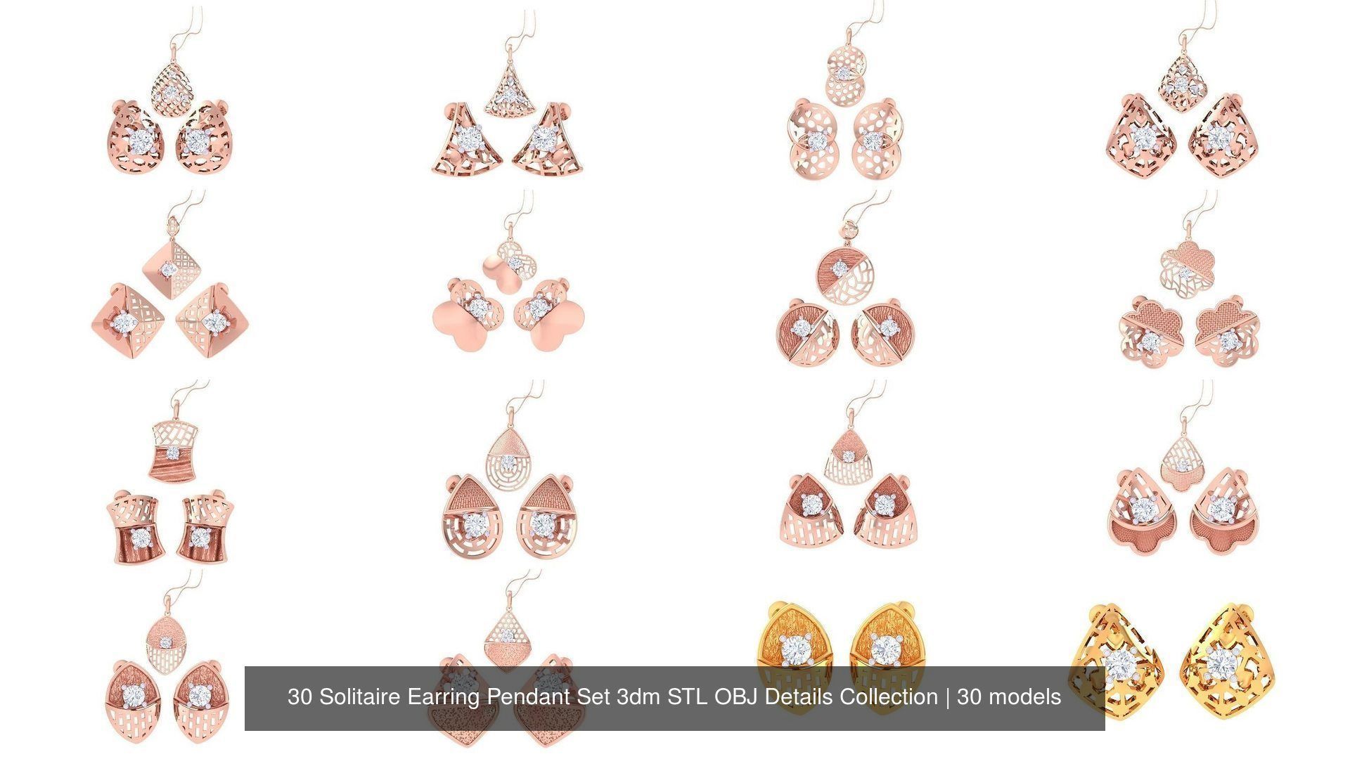 30 Solitaire Earring Pendant Set 3dm STL OBJ Details Collection _2