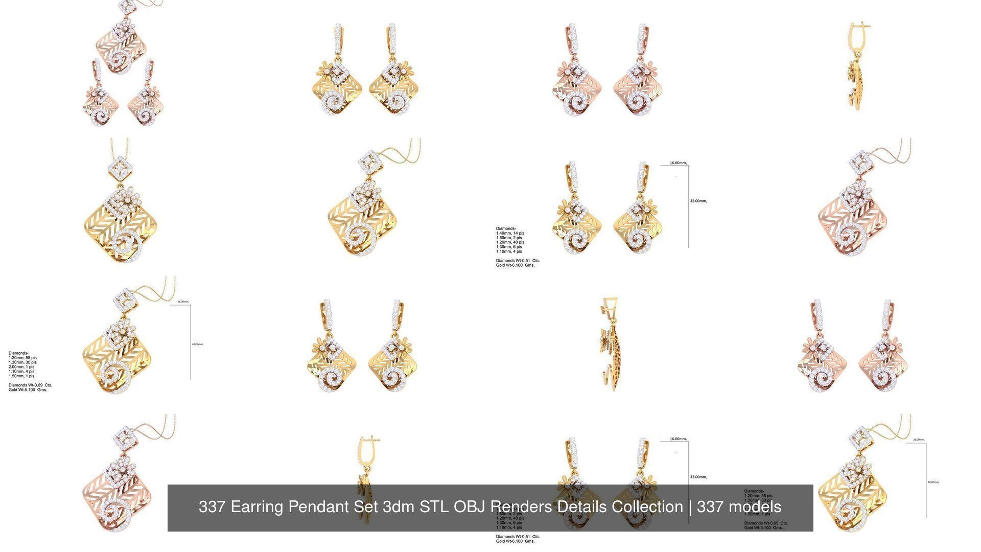 337 Earring Pendant Set 3dm STL OBJ Renders Details Collection _52