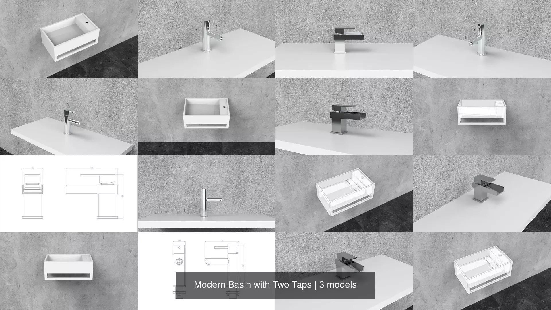 Modern Basin with Two Taps 3D Model Collection_0