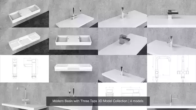 Modern Basin with Three Taps 3D Model Collection 