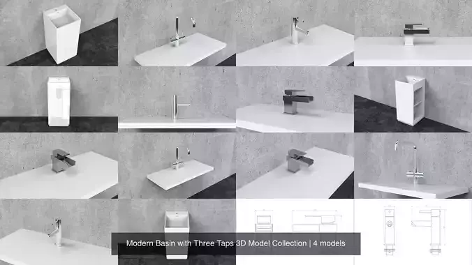 Modern Basin with Three Taps 3D Model Collection 