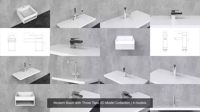 Modern Basin with Three Taps 3D Model Collection 