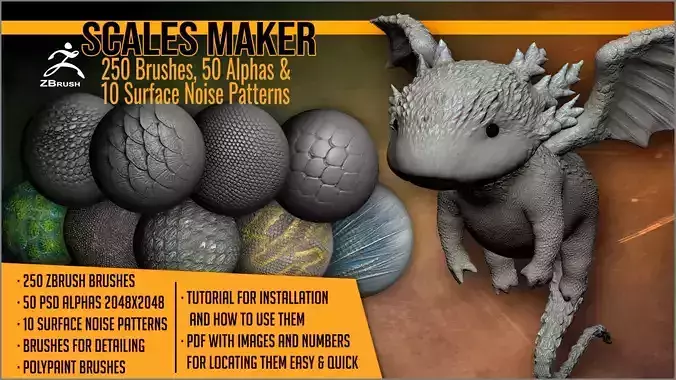 Scales Maker 250 ZBrush Brushes 50 Alphas 10 Surface Patterns 3D model