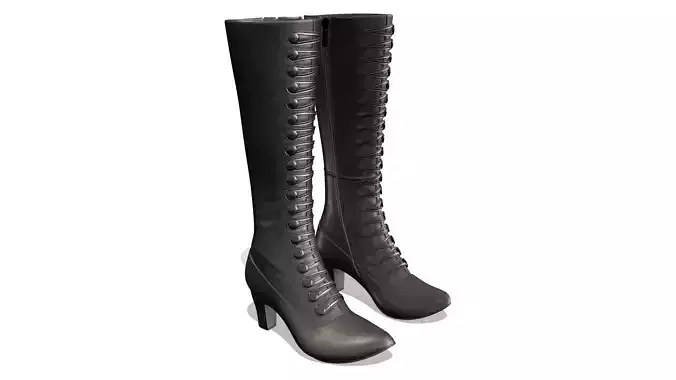 Black Mid Heels Buttoned Up Calf Boots