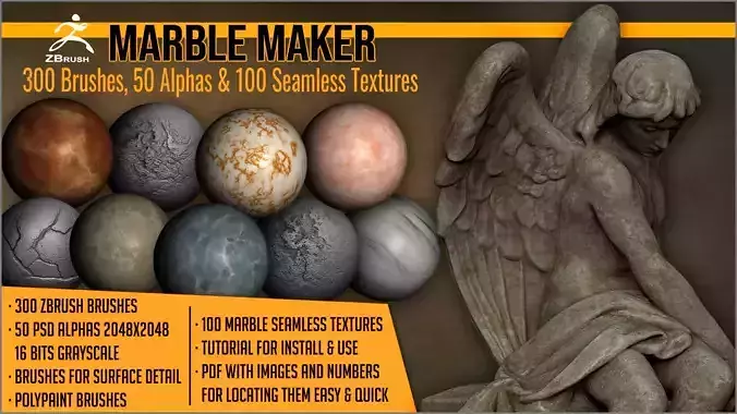 Marble Maker 300 ZBrush Brushes 50 Alphas 100 Seamless Textures Texture