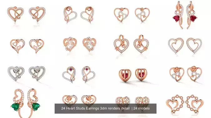 24 Heart Studs Earrings 3dm renders detail 