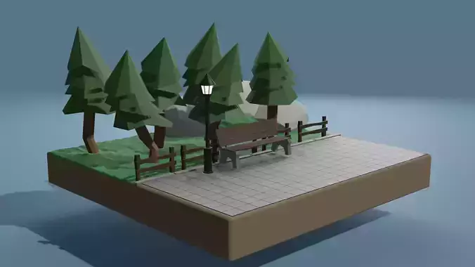 low poly park with trees and bench